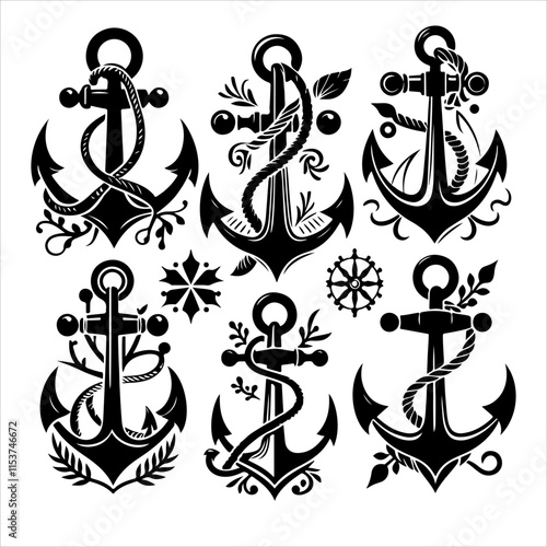 Anchors icon silhouette vector. Anchor vector art silhouette illustration.