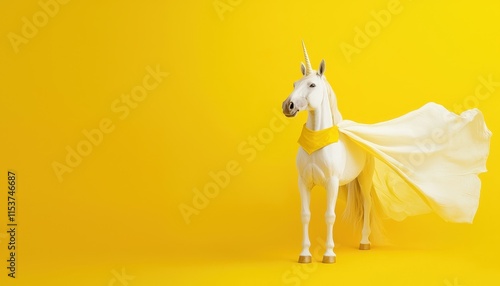 Majestic White Unicorn in Bright Yellow Background with Flowing Cape and Magical Aura