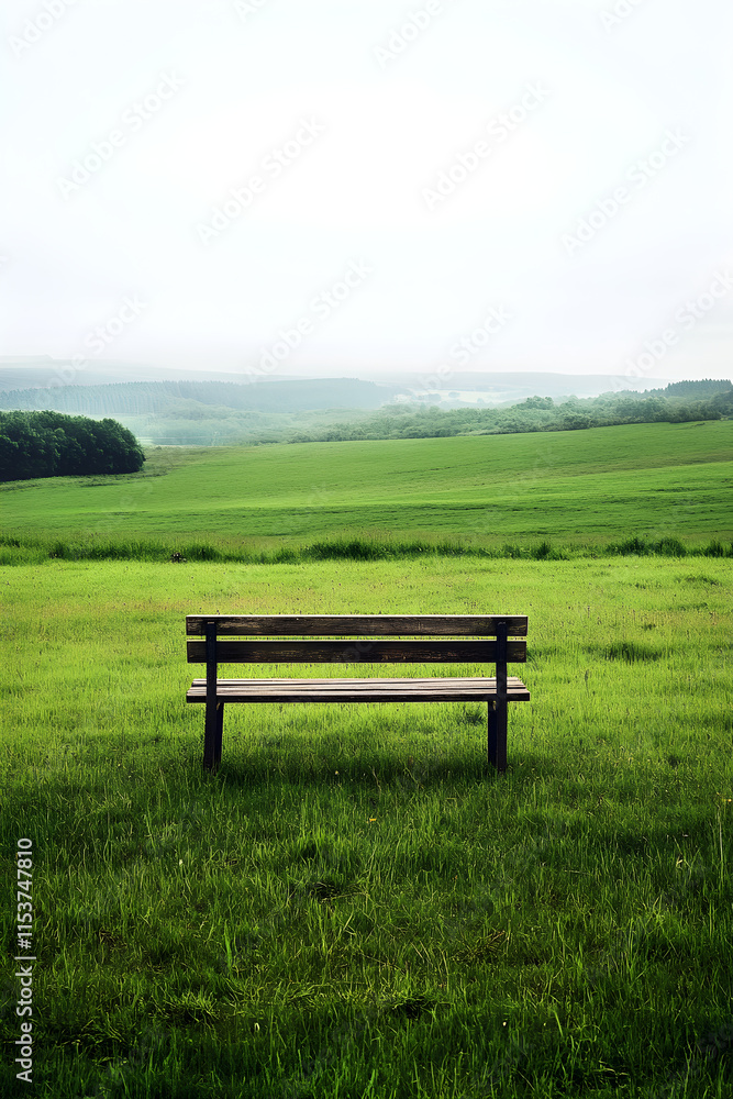 Tranquil Solitude: Wooden Bench Amidst Verdant Sea of Lush Greenery Tranquil Solitude: Wooden Bench Amidst Verdant Sea of Lush Greenery
