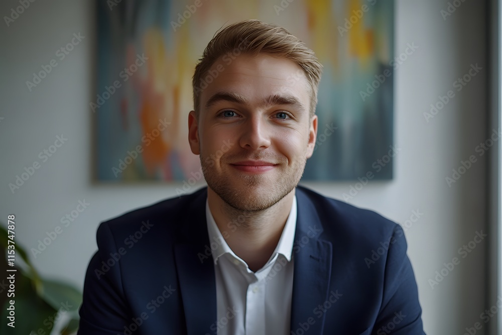 A confident, successful businessman in a suit smiles while standing in his office A confident, successful businessman in a suit smiles while standing in his office