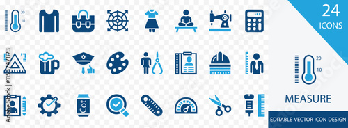 Measure solid icon set. containing  weight,  scale, size, speed, ruler, tape,  hourglass, height and more vector design