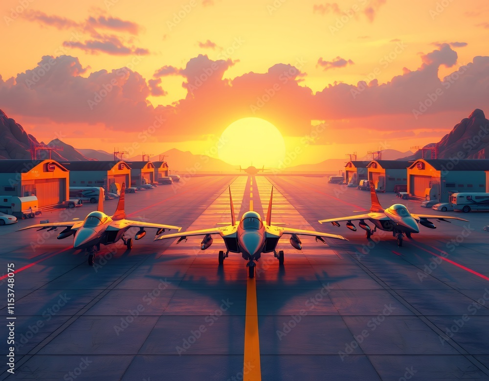 Fototapeta premium Sunset Airbase: Three Fighter Jets on Runway at Golden Hour