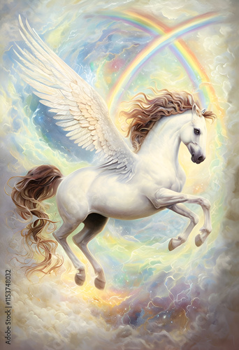 cutest  beautiful white Pegasus  flying at clouds sky with rainbow.   Digital artwork. Ai generated