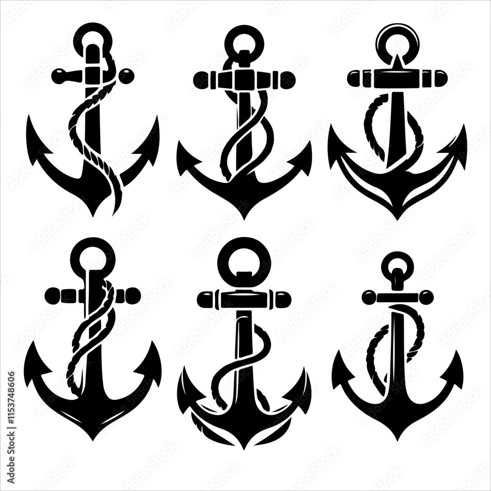 Anchors icon silhouette vector. Anchor vector art silhouette illustration. Anchors icon silhouette vector. Anchor vector art silhouette illustration.