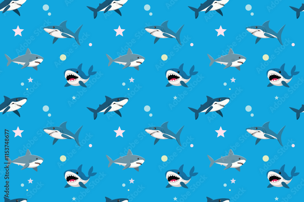 Obraz premium Cartoon Sharks Swim In A Blue Ocean Pattern