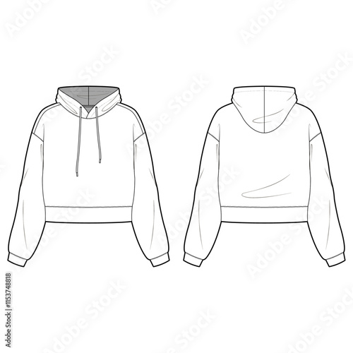 Fashion flat sketch template of girl's cropped sweatshirt. Oversize crop hoodie sweat with long sleeves. T-shirt with hoodie.
