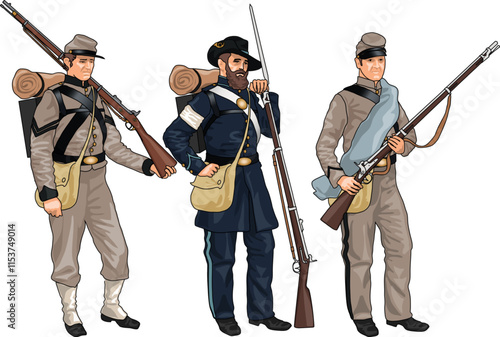 Set of Three Soldiers in Uniforms and with Rifles from American Civil War during the Bull Run Campaign in 1861, Illustration, EPS 10 Vector