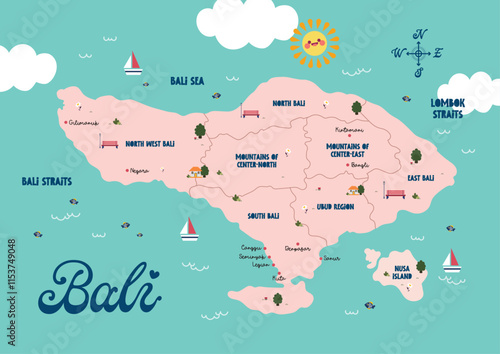 Colorful Indonesia Province, Bali map featuring state names. Poster design with a geographic and political theme, ideal for infographics or graphic design projects.