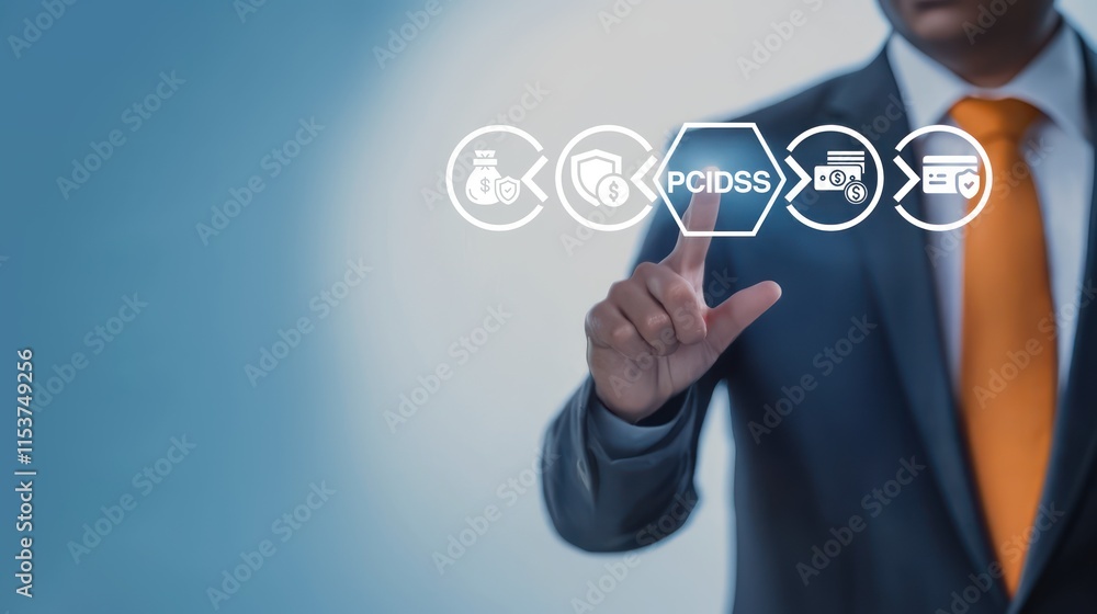 A businessman interacts with a virtual screen displaying PCI DSS, representing payment gateway security, data encryption, and tokenization