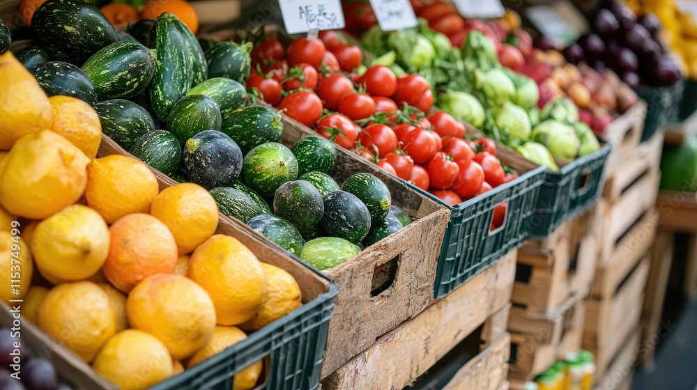 Fresh Fruits and Vegetables Displayed in Baskets at a Local Market with Vibrant Colors and Rustic Wooden Crates Inviting Shoppers in Spring Season
