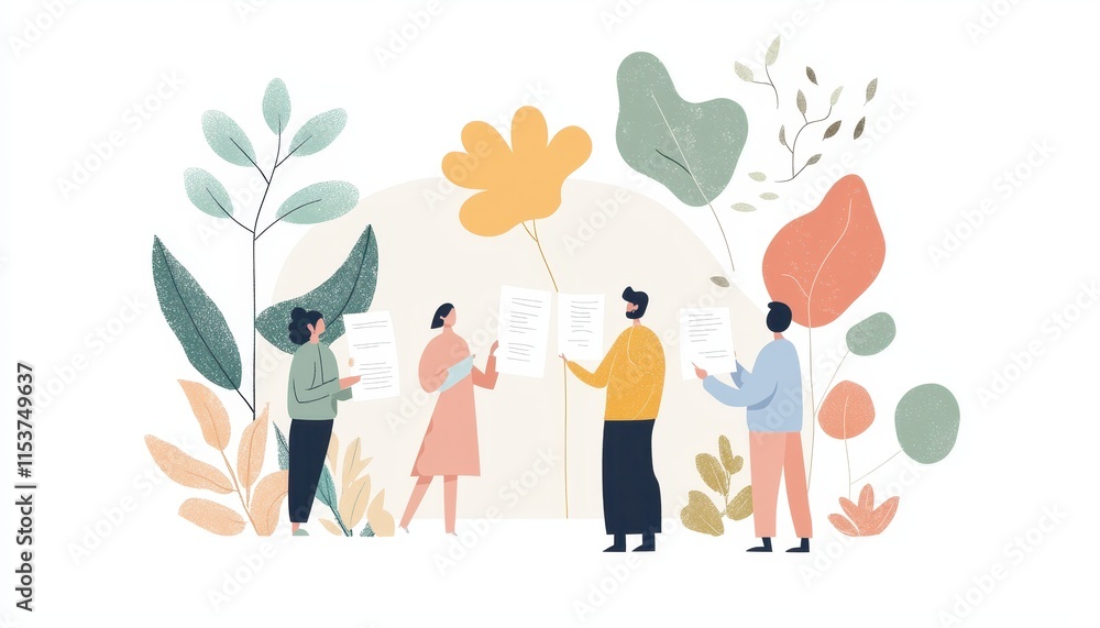 Fototapeta premium Illustrative group of people discussing documents surrounded by nature elements and vibrant leaves in a soft modern design