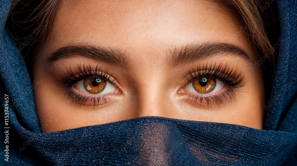 The image shows a close-up of an Arab woman's eyes The eyes are beautifully framed by deep blue cloth The image shows a close-up of an Arab woman's eyes The eyes are beautifully framed by deep blue cloth