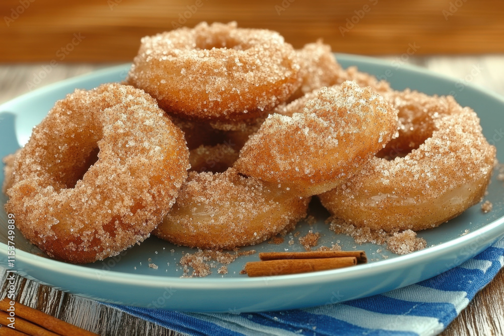 Apple cuisine A photorealistic image of delicious apple cider donuts, showcasing their texture and detail, ideal for culinary or seasonal content.
