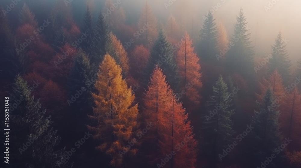 Obraz premium Aerial View of Vibrant Autumn Forest in Soft Lighting