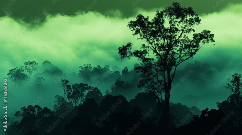 Fototapeta premium Lush green forest shrouded in mystical green fog with dense trees and tranquil natural atmosphere. Vector illustration showcasing serene wilderness and eco-friendly concepts