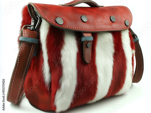 Cute furry red abstract print bucket bag, white as the main color and red as the secondary color, with buttons on the bottom. The bag has a tie at one end, simple style, suitable for girls' fashion