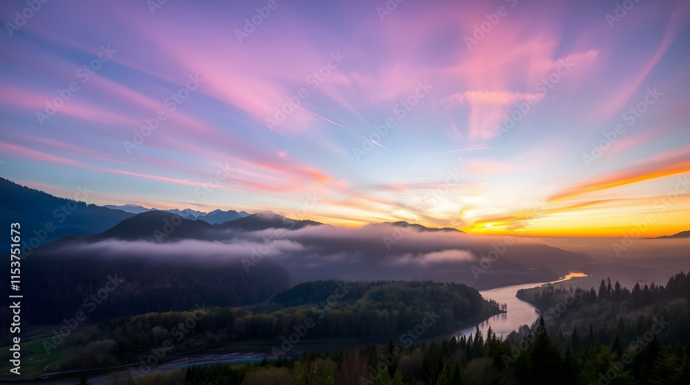 Spring Forest Mountain River in Sunset Spring Forest Mountain River in Sunset