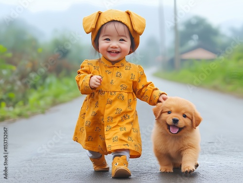 A girl walks her dog on the street.