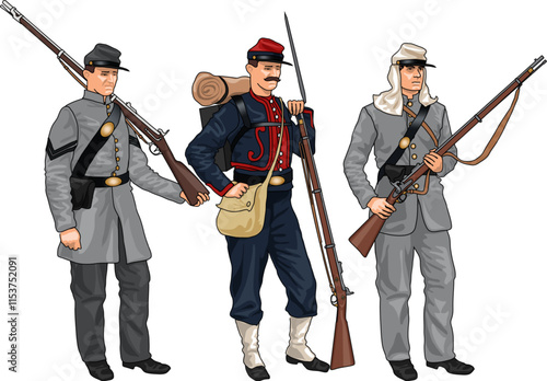 Set of Three Soldiers in Uniforms and with Rifles from American Civil War during the Bull Run Campaign in 1861, Illustration, EPS 10 Vector