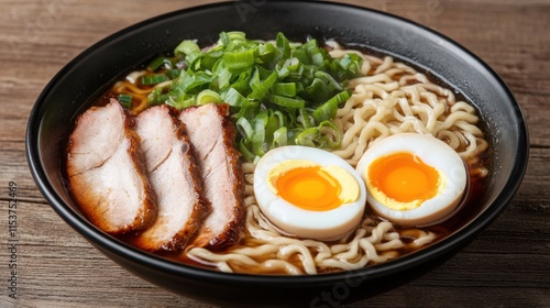 Delectable bowl of ramen featuring tender pork slices, soft-boiled eggs, fresh green onions, and wavy noodles in rich broth. photo