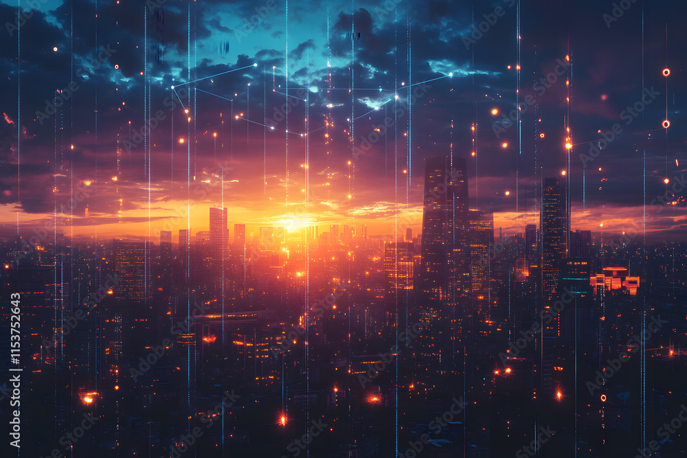 Fototapeta premium Futuristic City Skyline with Data Waves and Digital Lights at Sunset