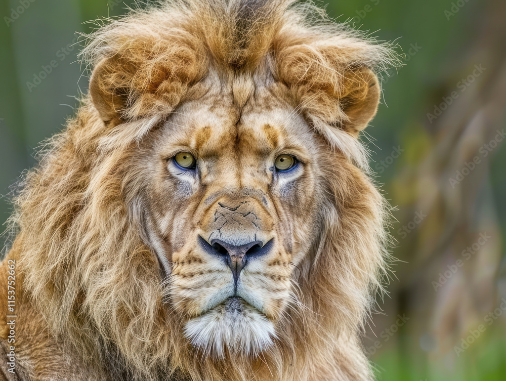 Majestic male lion with a powerful gaze in close-up Majestic male lion with a powerful gaze in close-up