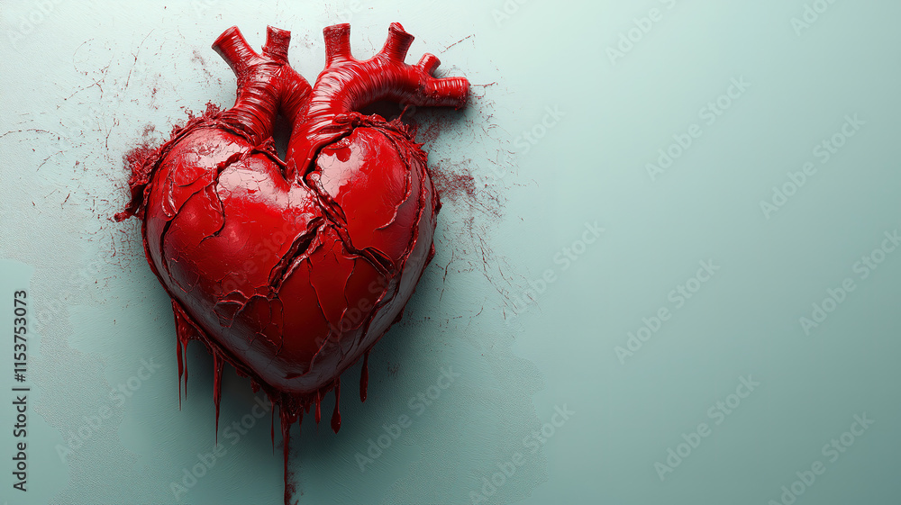 Top view of a bleeding broken heart, with ample copy space for heartfelt messages Top view of a bleeding broken heart, with ample copy space for heartfelt messages