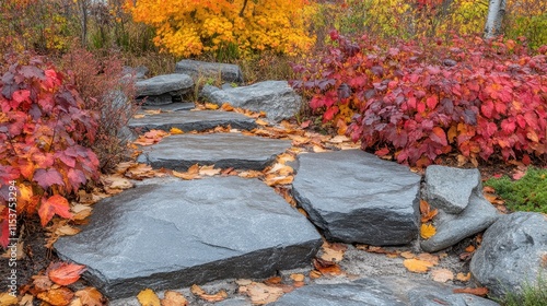 Wallpaper Mural Stone pathway through autumn garden with red and yellow leaves. Torontodigital.ca