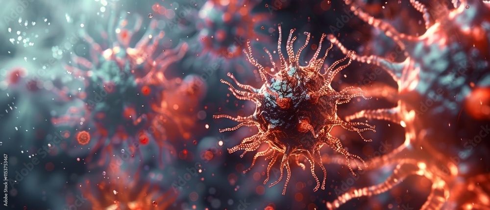 Fototapeta premium A vivid, abstract rendering of coronavirus cells in red hues against a multicolored backdrop, designed to mimic a 3D representation with depth and texture.