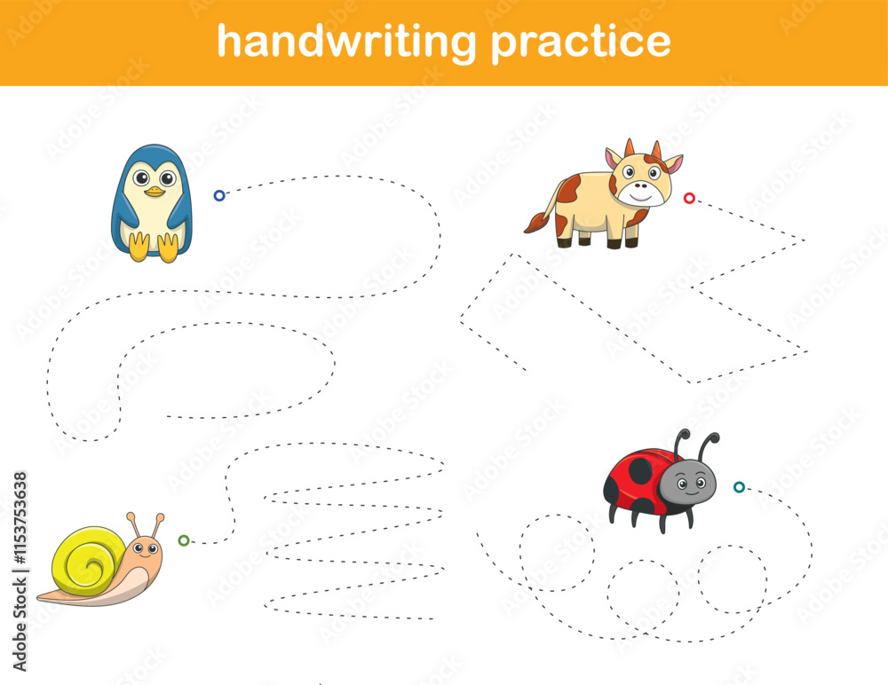 Handwriting Practice. Tracing lines for kids with animals. Vector Illustration Handwriting Practice. Tracing lines for kids with animals. Vector Illustration