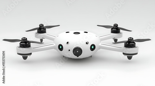 White drone with four propellers and a spherical camera. photo