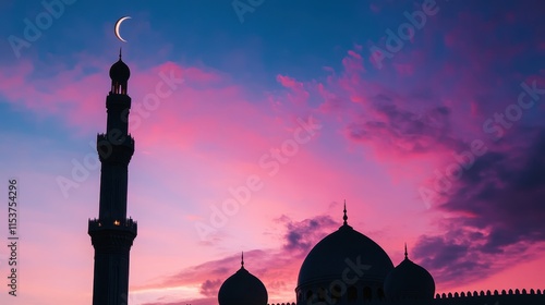 Silhouette of a mosque at sunset with a crescent moon. (15) photo