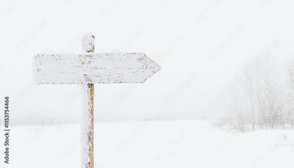 Naklejka premium Directional Sign Post Covered in Snow in a Winter Landscape with Soft White Background