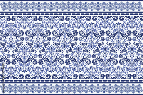 blue seamless floral design with vibrant tulip motifs, intricate leaf patterns, and a traditional frame for textile background, fabric prints, and classic decorative patterns