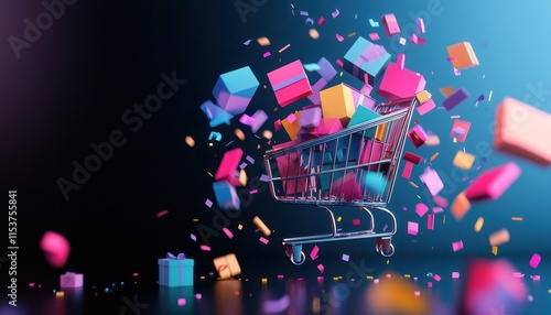 Colorful Shopping Cart Amidst Floating Gift Boxes and Confetti in a Vibrant Background