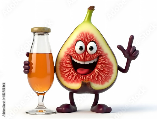 Cute Fig Fruit Slice Cartoon Holding Juice Bottle - 3D Vector Icon for Logos and Print Ads photo