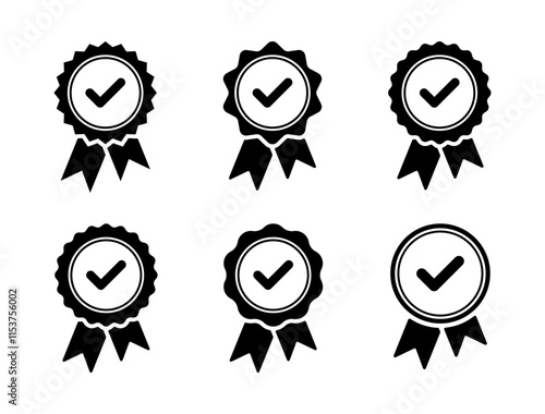 Approved or certified medal icon set collection. Approval check certification badge sign symbol