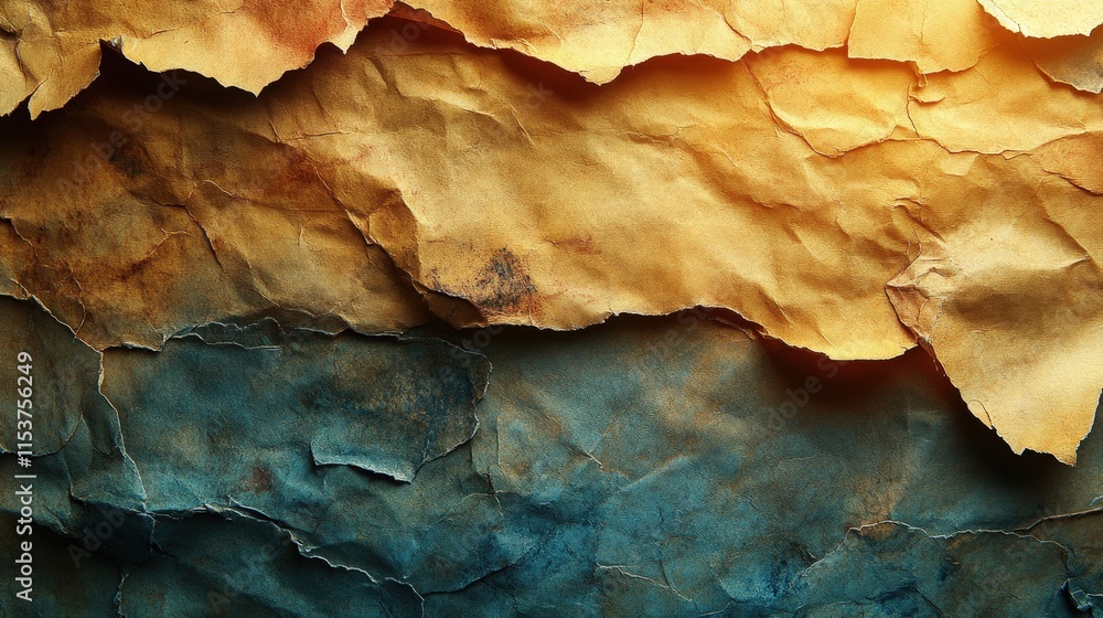 Abstract textured background of crumpled, aged paper in yellow and blue hues.