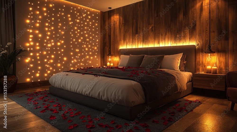 Romantic bedroom interior with warm lighting, wooden walls, rose petals, and a cozy atmosphere. Romantic bedroom interior with warm lighting, wooden walls, rose petals, and a cozy atmosphere.