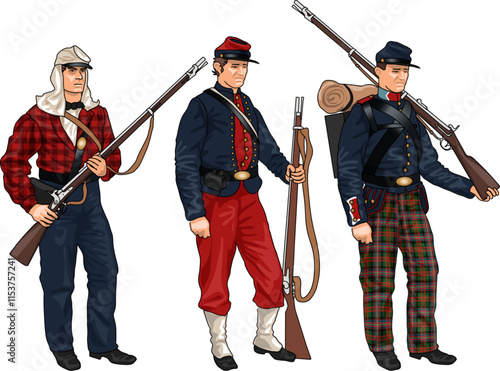 Set of Three Soldiers in Uniforms and with Rifles from American Civil War during the Bull Run Campaign in 1861, Illustration, EPS 10 Vector