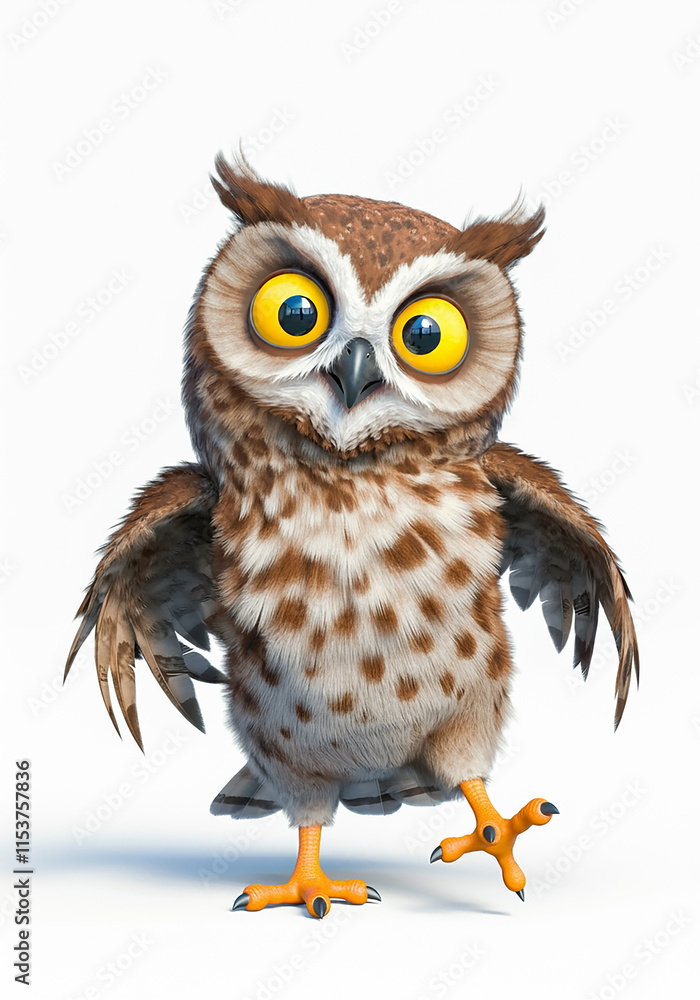 Obraz premium Cute Cartoon Owl Funny Bird Big Eyes Wildlife Animal Character Adorable 3D Render