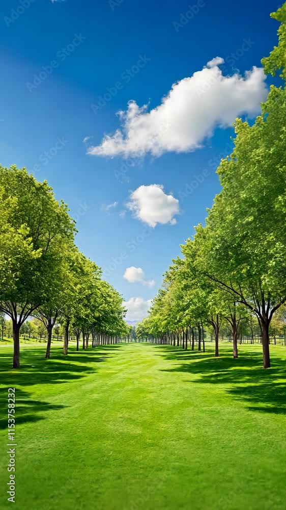 Lush green trees lined along a pathway under a bright blue sky with fluffy clouds on a sunny day Lush green trees lined along a pathway under a bright blue sky with fluffy clouds on a sunny day