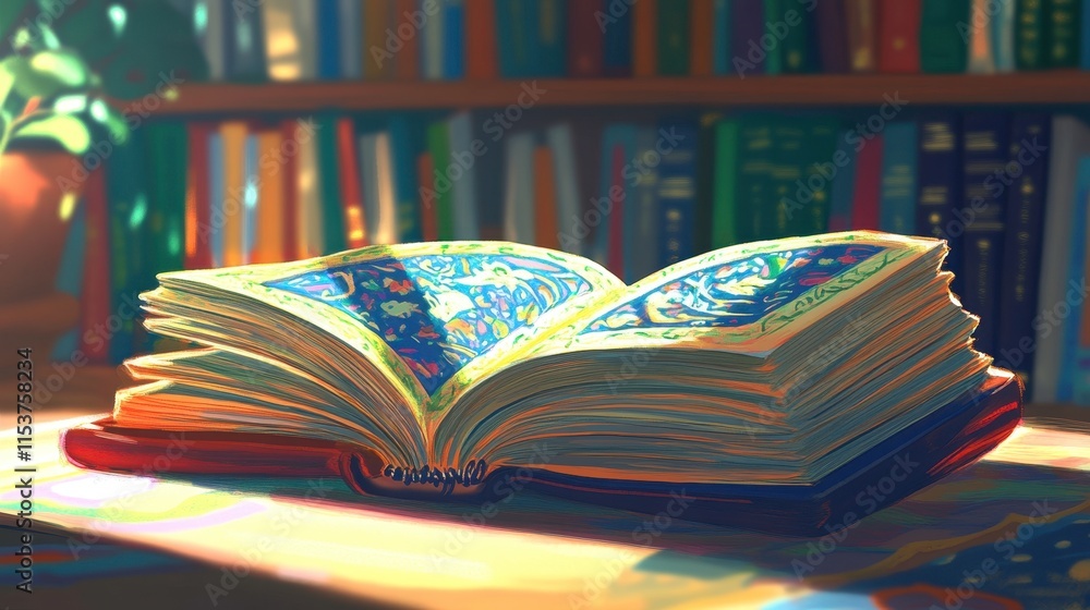 Fototapeta premium Colorful Open Book on a Table in Library Setting