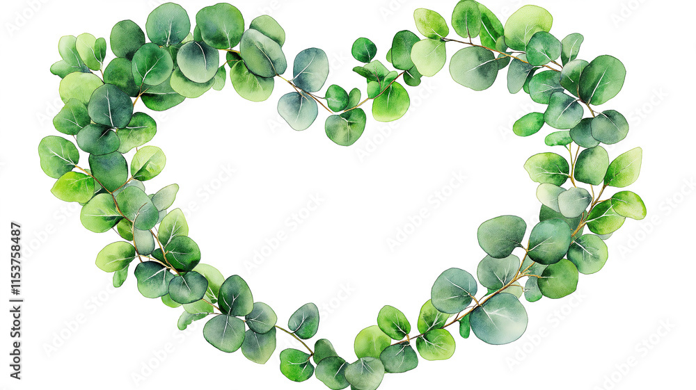 Heart-shaped watercolor wreath of eucalyptus and foliage leaves, clipart on transparent background Heart-shaped watercolor wreath of eucalyptus and foliage leaves, clipart on transparent background