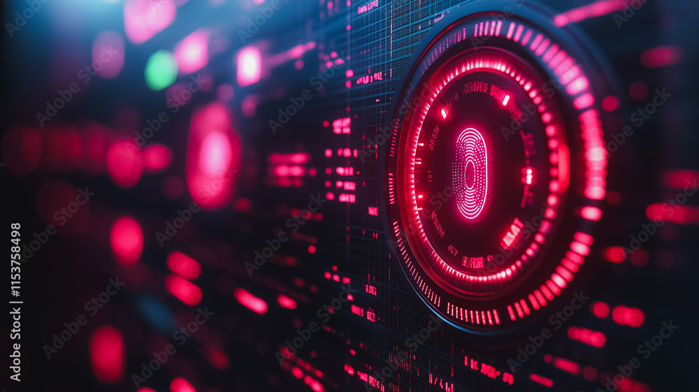 A red glowing circle with a fingerprint on it. The image is of a computer screen with a red background A red glowing circle with a fingerprint on it. The image is of a computer screen with a red background