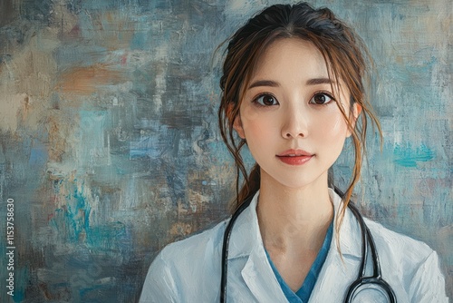 Portrait of a Young Asian Woman in Medical Coat with Stethoscope Against Textured Background, Illustrating a Simple and Minimalistic Style in Photorealism photo