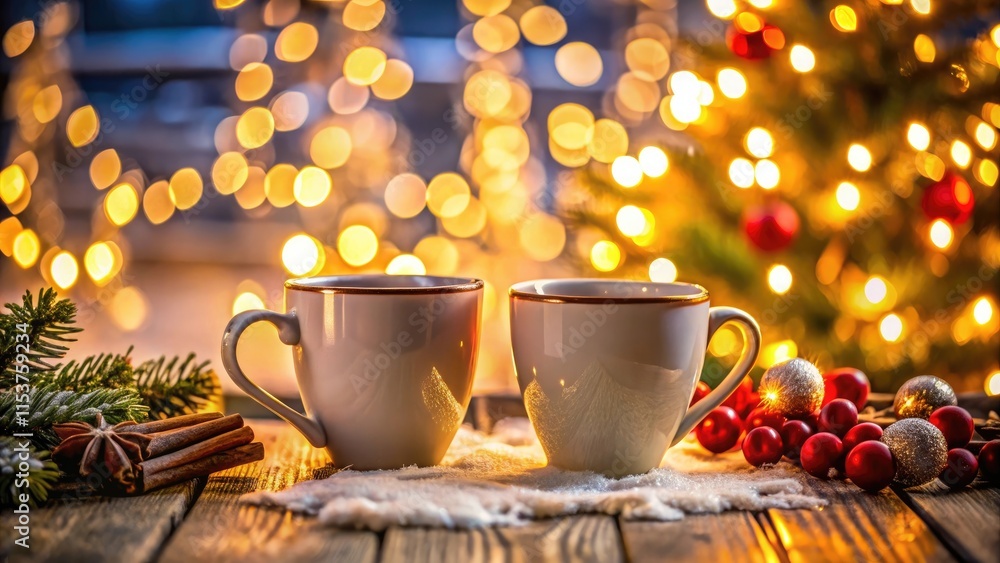 Fototapeta premium Christmas 2 coffee cups closeup Christmas lights