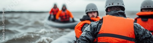 Rescue team in bright orange life jackets navigating stormy waters on an inflatable boat, showcasing teamwork and bravery. photo