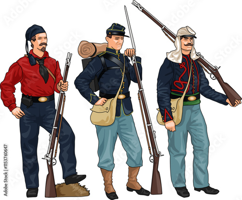 Set of Three Soldiers in Uniforms and with Rifles from American Civil War during the Bull Run Campaign in 1861, Illustration, EPS 10 Vector