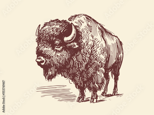 American Bison Hand Drawn Illustration Sketch Vector Isolated